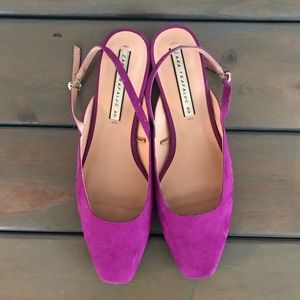 Cerise pink square toe flat sling backs